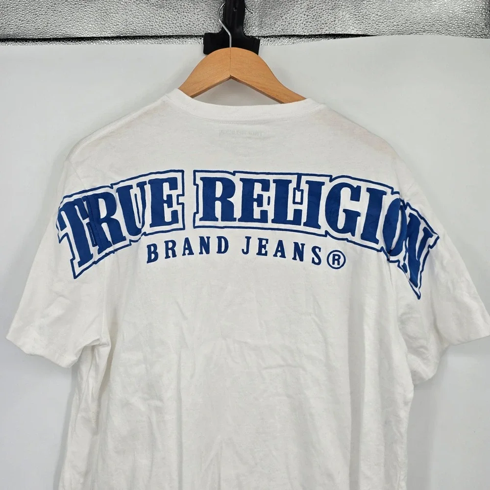 True Religion Mens Relaxed Fit White Graphic T-Shirt Navy Horseshoe Logo Small